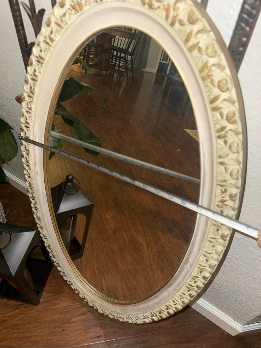 Vintage Oval Wall Mirror Featuring An Ornate, Off-White And Gold-Accented Frame
